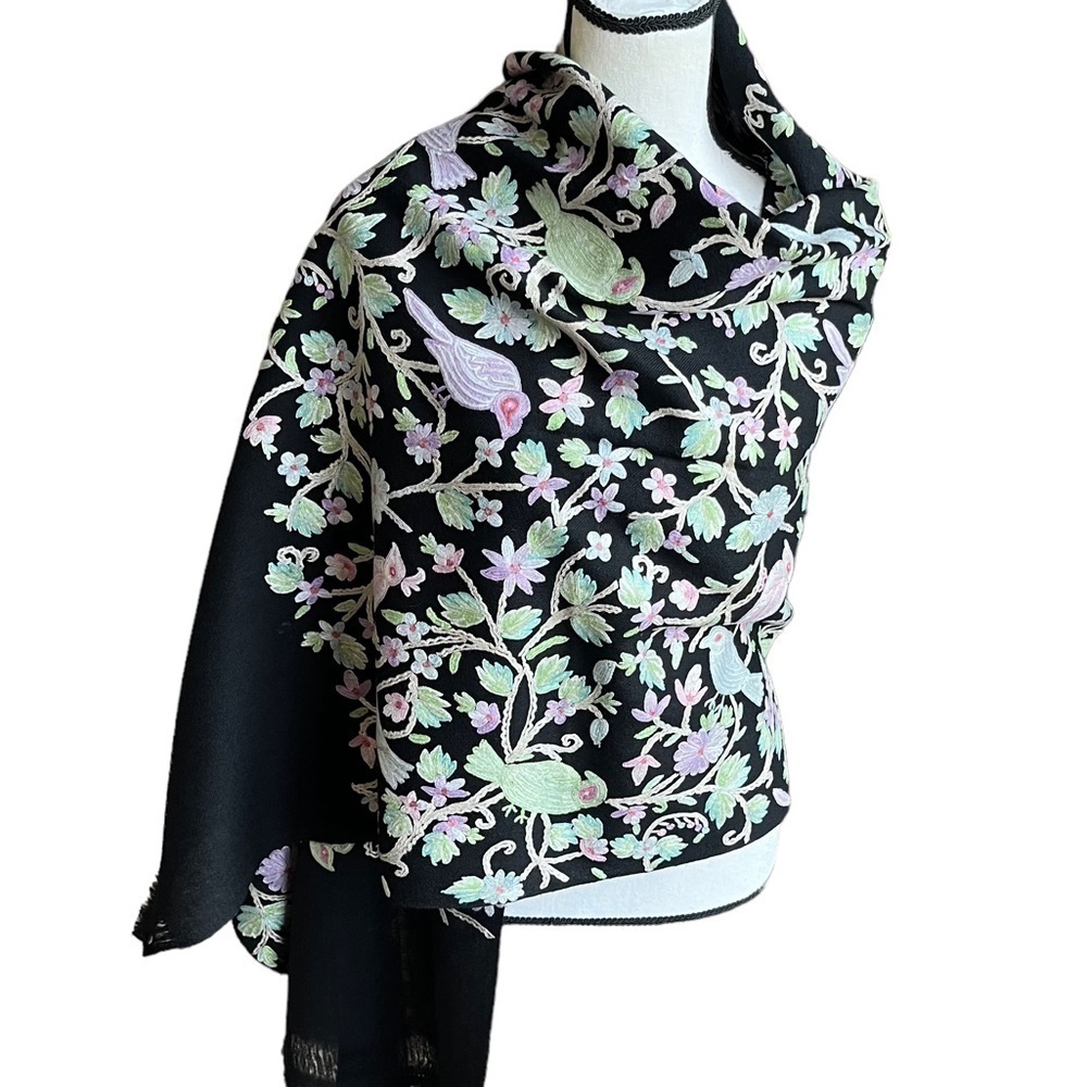 Scarf Black with Mint Green & Pink Floral and Bird Embroidery Wool 27”x74”
